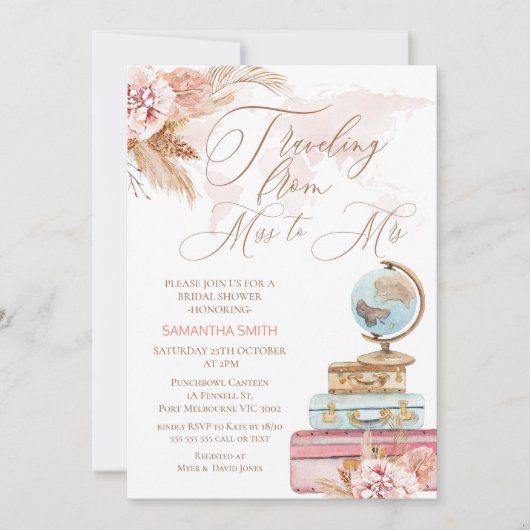 Boho Floral Travelling Miss an Mrs. Brautparty Einladung (Vorderseite)