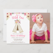 Boho Floral Tribal Teepee Wild One Birthday Foto Einladung (Vorderseite)