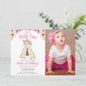 Boho Floral Tribal Teepee Wild One Birthday Foto Einladung (Stehend Vorderseite)
