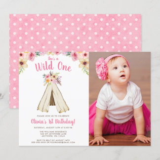 Boho Floral Tribal Teepee Wild One Birthday Foto Einladung