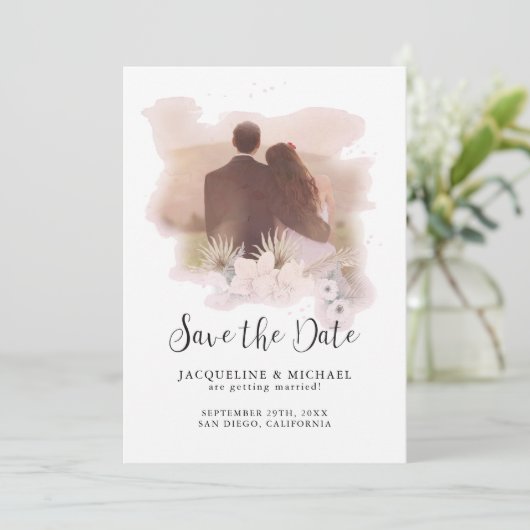 BOHO Floral Tropical Modern Script Palm Foto Save The Date (Stehend Vorderseite)
