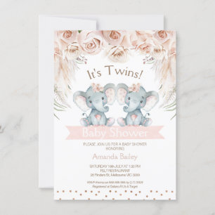 Boho Floral Twin Elephant Baby Shower Einladung