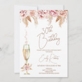 Boho Floral und Champagne Glass Geburtstag Einladung (Vorderseite)
