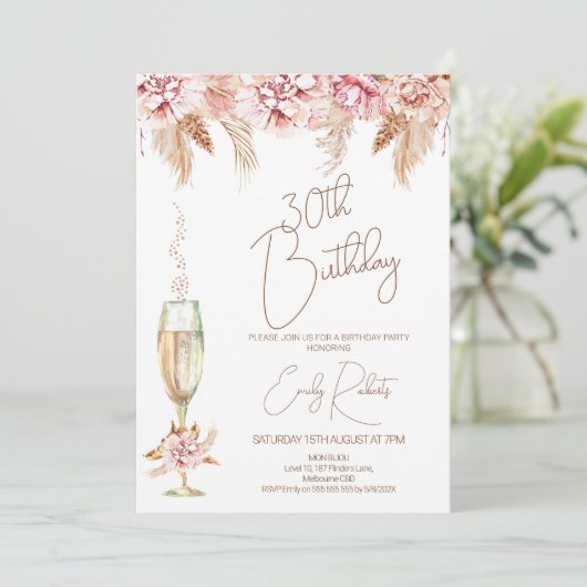 Boho Floral und Champagne Glass Geburtstag Einladung (Stehend Vorderseite)