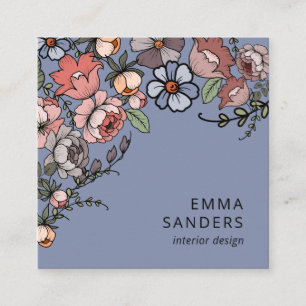Boho Floral und Foliage Dusty Blue Quadratische Visitenkarte