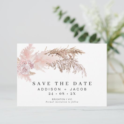 Boho Floral und Pampas Wedding speichern die Datum Einladung (Stehend Vorderseite)