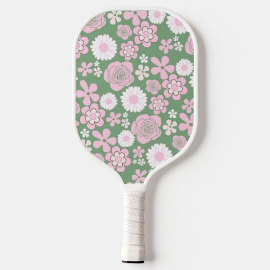 Boho Floral Vibranly Green & Pink Botanische Blume Pickleball Schläger (Rückseite)