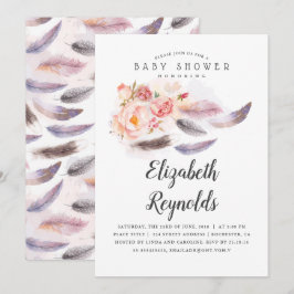 Boho Floral Watercolor Feathers Babydusche Einladung