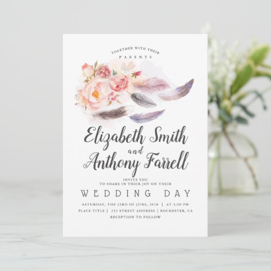 Boho Floral Watercolor Feathers Wedding Einladung (Stehend Vorderseite)