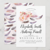 Boho Floral Watercolor Feathers Wedding Einladung (Vorne/Hinten)