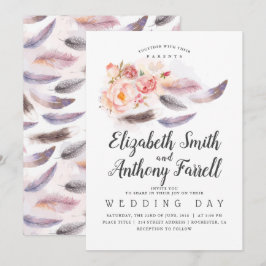 Boho Floral Watercolor Feathers Wedding Einladung