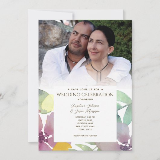 Boho Floral Watercolor Foto Wedding Einladung (Vorderseite)