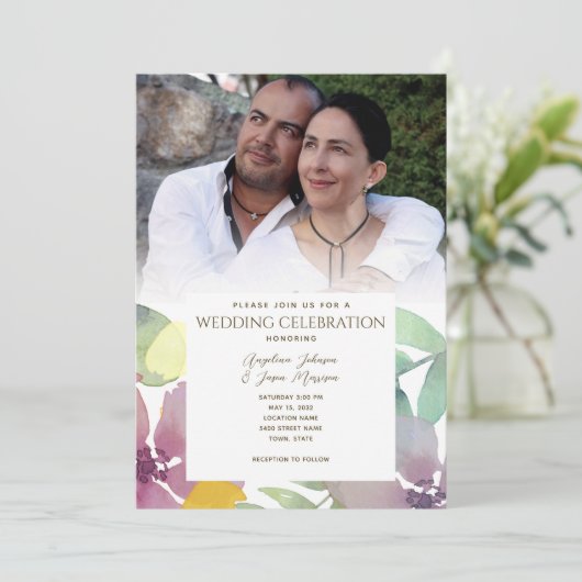 Boho Floral Watercolor Foto Wedding Einladung (Stehend Vorderseite)