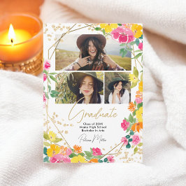 Boho Floral Watercolor Gold 3-Foto-Abschluss Ankündigung