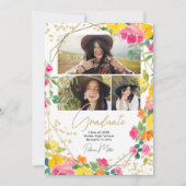 Boho Floral Watercolor Gold 3-Foto-Abschluss Ankündigung (Vorderseite)
