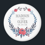 Boho Floral Watercolor Rote Rosen | Hochzeit Magnet<br><div class="desc">Dieser wunderschöne Aquarellkranz mit blauen Blätter und rote Rosen mit Beeren. | © und ® Bigstock® - Alle Rechte vorbehalten.</div>