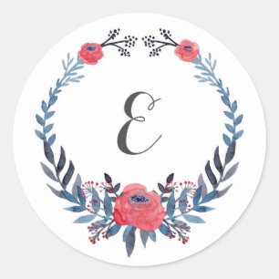 Boho Floral Watercolor Rote Rosen   Monogramm Runder Aufkleber