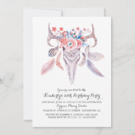 Boho Floral Watercolor Skull Geburtstagsparty Einladung