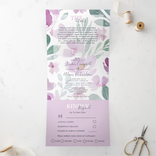 Boho Floral Watercolor Wedding Dreifach Gefaltete Einladung (Innenseite)