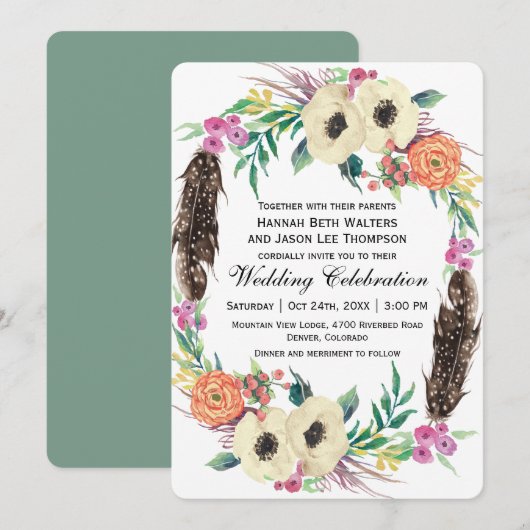 Boho Floral Watercolor Wedding Einladung (Vorne/Hinten)