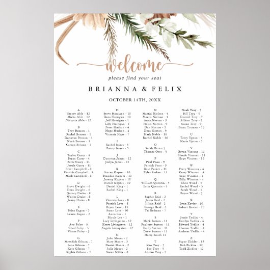 Boho Floral Wedding Alphabetitical Seating Chart Poster (Vorne)