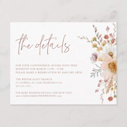 Boho Floral Wedding Details Card Begleitkarte (Vorderseite)