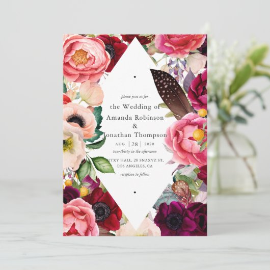Boho Floral Wedding Einladung (Stehend Vorderseite)