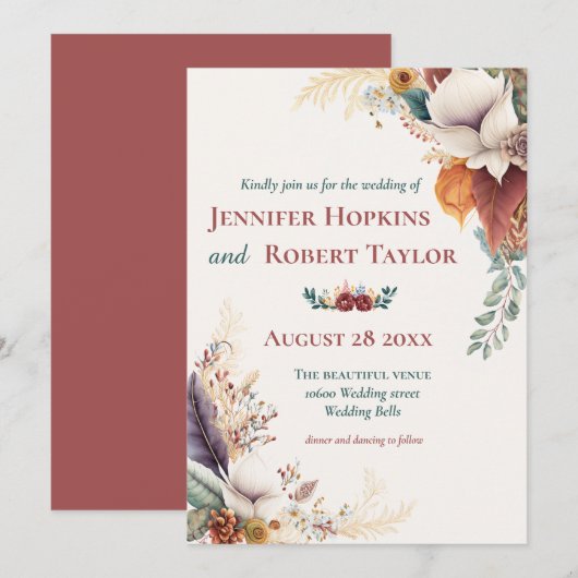 Boho Floral wedding Einladung (Vorne/Hinten)