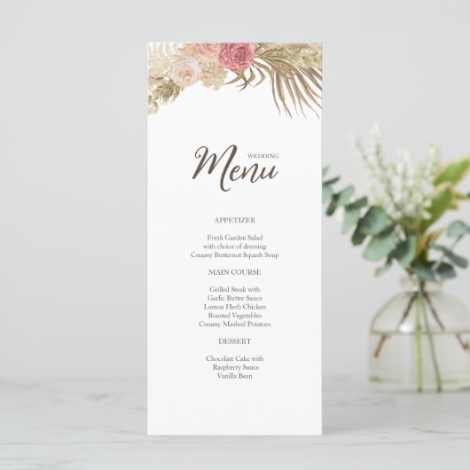 Boho Floral Wedding Flat Menu Menükarte (Stehend Vorderseite)
