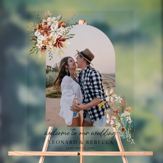 Boho Floral Wedding Foto Acrylic Sign Acrylschild (Neutral)