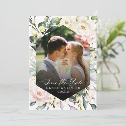 Boho Floral Wedding Foto QR-Code Speichern Sie die Einladung (Stehend Vorderseite)