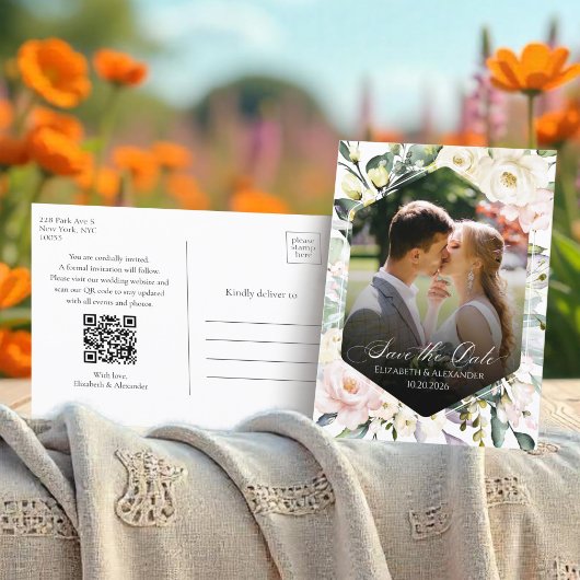 Boho Floral Wedding Foto QR-Code Speichern Sie die Postkarte