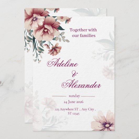 Boho Floral Wedding Invitation Template Einladung (Vorne/Hinten)