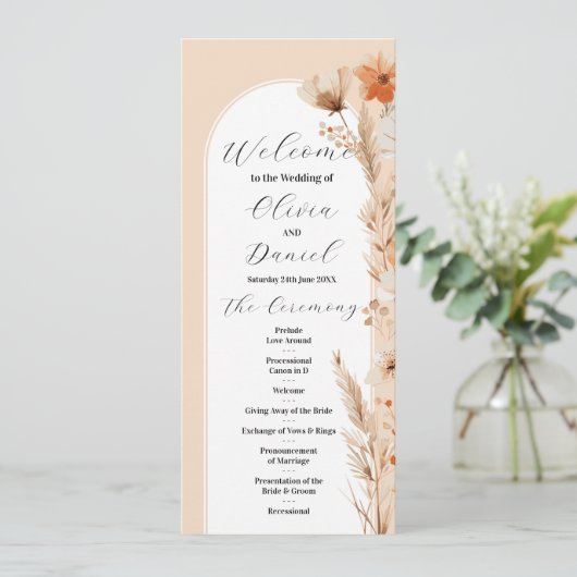 Boho Floral Wedding Menu Zeremonie Details Programm (Stehend Vorderseite)