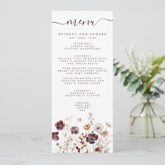 Boho Floral Wedding Menükarte (Stehend Vorderseite)