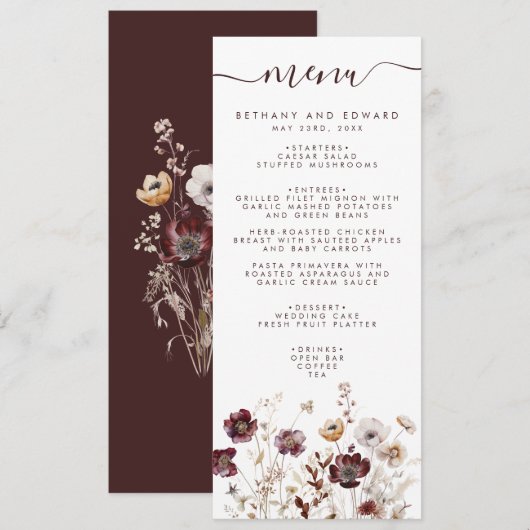 Boho Floral Wedding Menükarte (Vorne/Hinten)