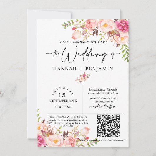 Boho Floral Wedding Minimal Script QR Code Foto Einladung (Vorderseite)