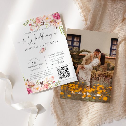 Boho Floral Wedding Minimal Script QR Code Foto Einladung
