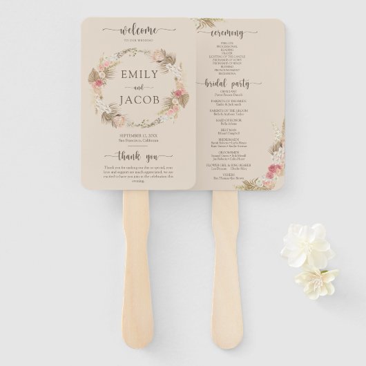 Boho Floral Wedding Program Hand Fan Fächer (Vorne und Hinten)