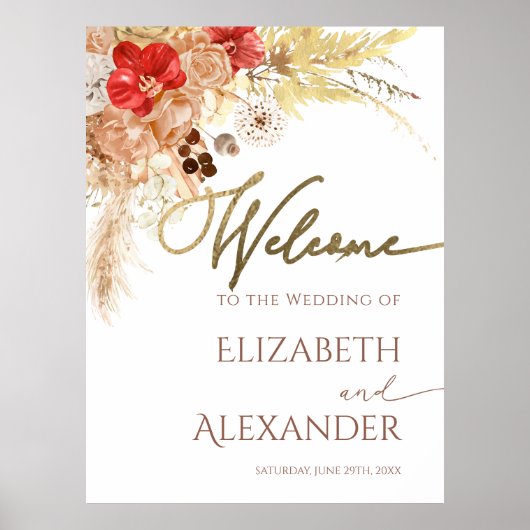 Boho Floral Wedding Welcome Sign Gilded Terracota Poster (Vorne)