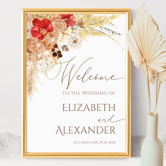 Boho Floral Wedding Welcome Sign Gilded Terracota Poster