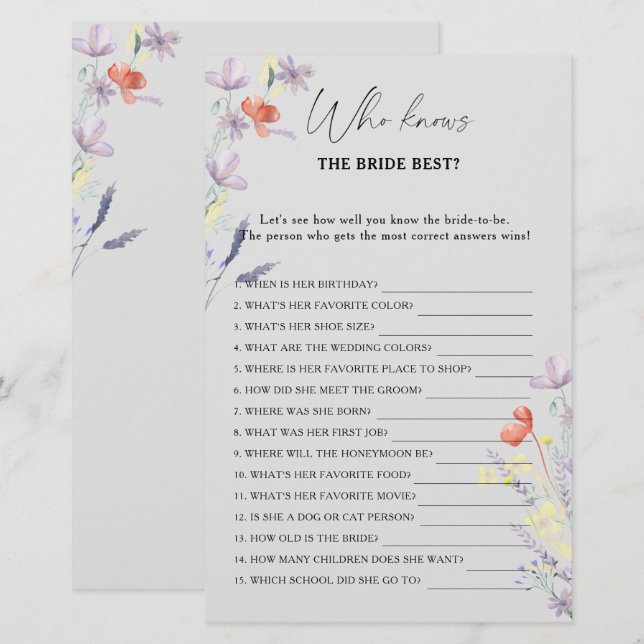 Boho Floral Wer kennt das beste Spiel der Braut (Vorne/Hinten)