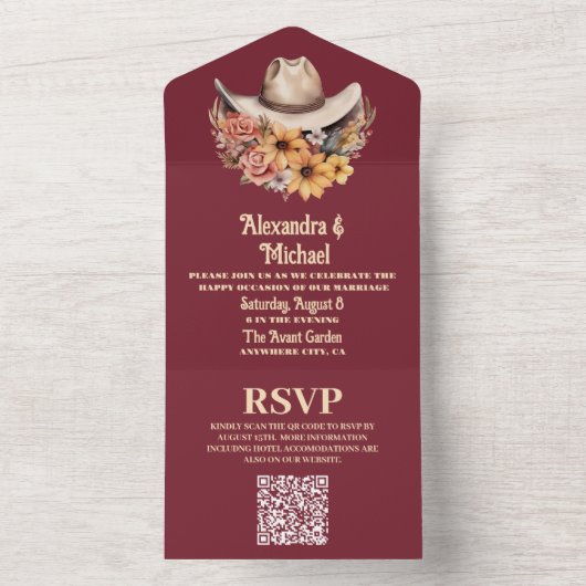 Boho Floral Western Wedding QR Code All In One Einladung (Innen Boden)