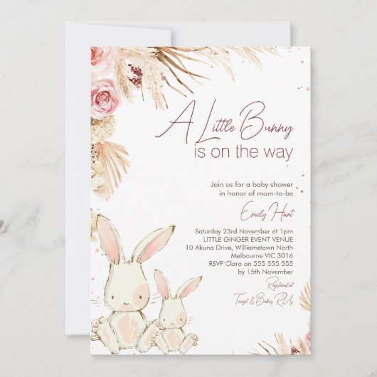 Boho Floral White Bunny Baby Dusche Einladung (Vorderseite)