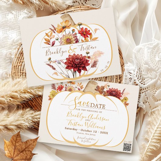 Boho Floral White Pumpkin Hochzeit im Herbst Ivory Save The Date