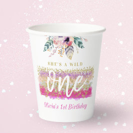 Boho Floral Wild One Girls erste Geburtstagsparty Pappbecher