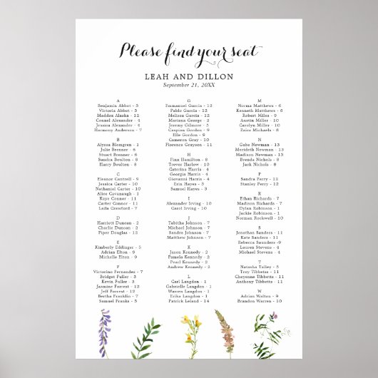 Boho Floral Wildblume Hochzeitsdiagramm Poster (Vorne)