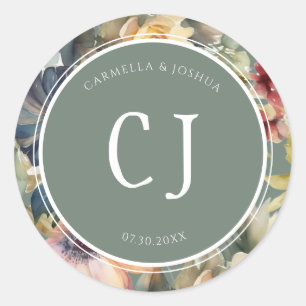 Boho Floral Wildblume Monogram Sage Green Runder Aufkleber