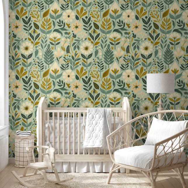 Boho Floral Wildblumen Blume Blue Tapete (Kinder)