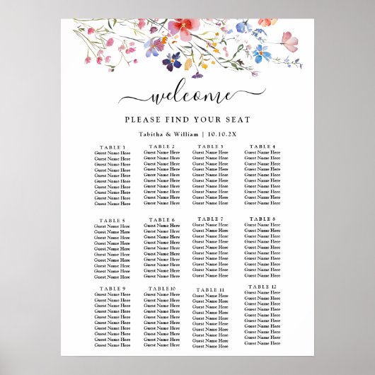 Boho Floral wildflower wedding Seating Chart Poster (Vorne)